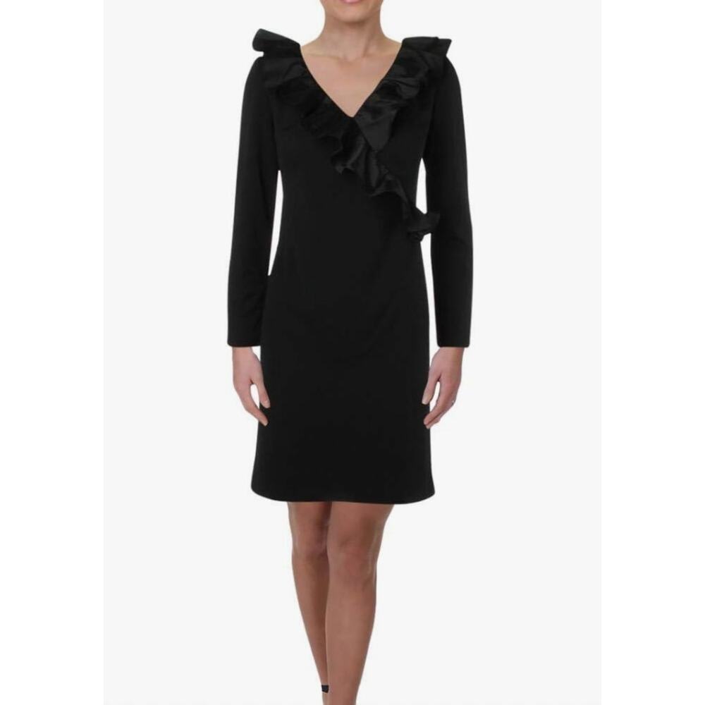 NWT LRL Ralph Lauren Little Black Dress Crepe Cincy Sheath Shift Ruffle 10 LBD